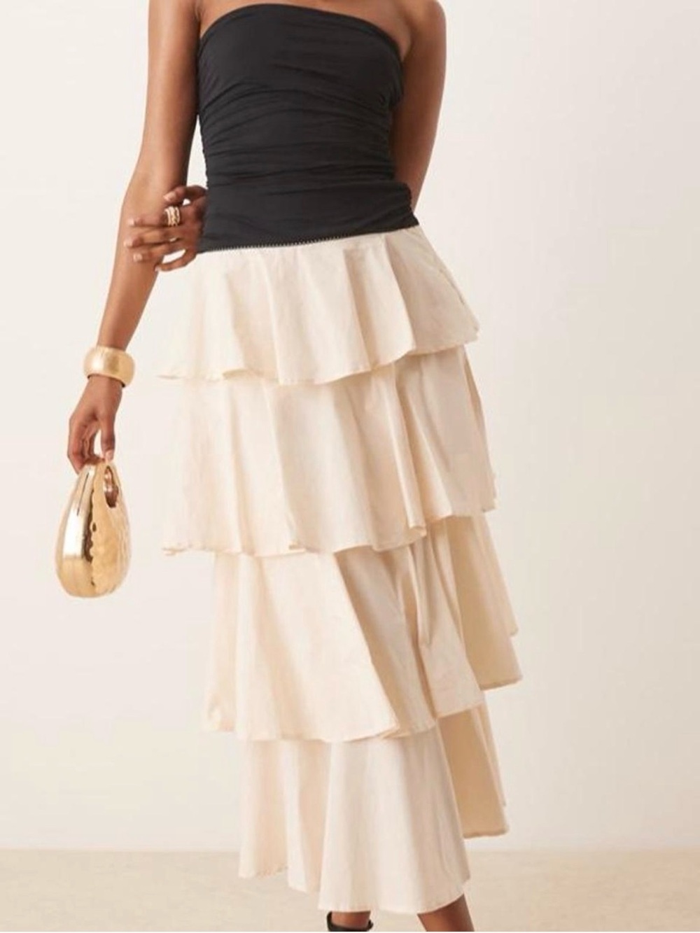 American threads Cream Tiered Ruffle Maxi dress